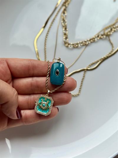 Çelik 14k Çoklu Turkuaz Figürlü Kolye