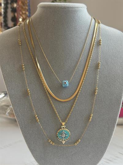 Çelik 14k Nazarlı  Çoklu Kolye