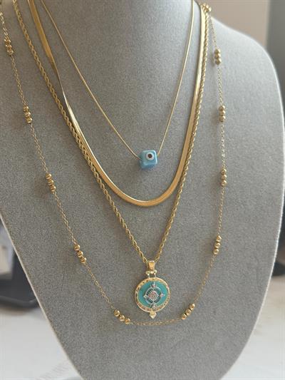 Çelik 14k Nazarlı  Çoklu Kolye