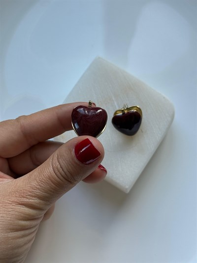 Çelik Çift Taraflı Bordo Kalp Küpe