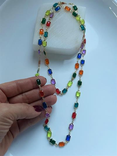 Çelik Renkli Taşlı Kolye- 70cm