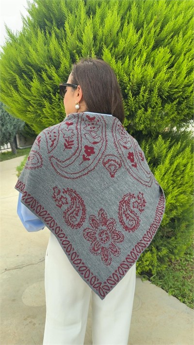 Çift Taraflı Bordo Gri Triko Şal