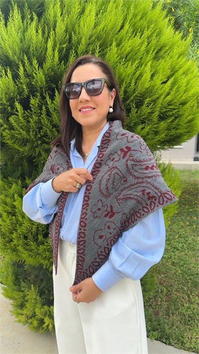 Çift Taraflı Bordo Gri Triko Şal