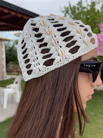 Deniz Kabuğu Aksesuarlı File Bandana Beyaz