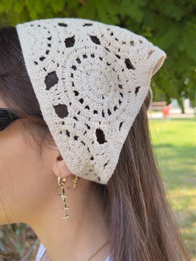 Taş Rengi  Desenli Üçgen İpli Bandana