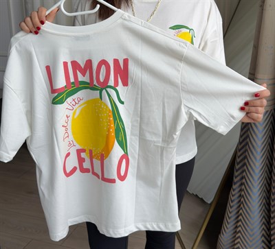 Bisiklet Yaka Pamuklu Limon Baskılı T-Shirt
