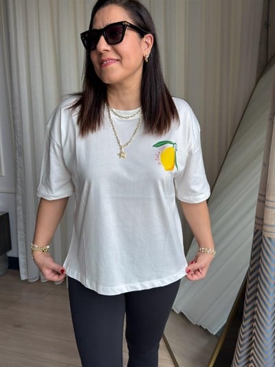 Bisiklet Yaka Pamuklu Limon Baskılı T-Shirt