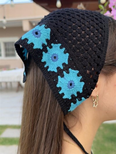 Mavi  Motifli Siyah  Üçgen İpli Bandana