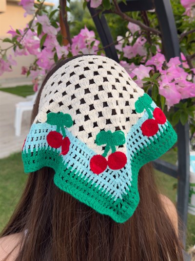 Mavi Şeritli Kirazlı Üçgen İpli Bandana
