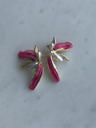 Özel Seri Fuşya Tül  Detaylı Yaprak Tasarım Gold Küpe