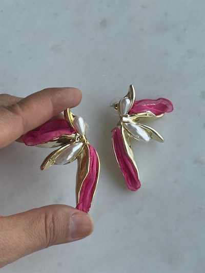 Özel Seri Fuşya Tül  Detaylı Yaprak Tasarım Gold Küpe