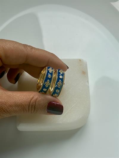 Özel Seri Mineli  Çiçek  Deteylı  Halka Küpe Kombini  Lacivert