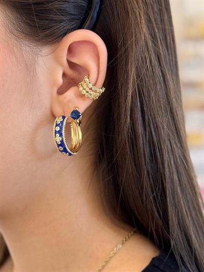 Özel Seri Mineli  Çiçek  Deteylı  Halka Küpe Kombini  Lacivert