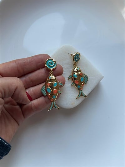 Özel Seri Turuncu Mavi Taşlı Balık Küpe