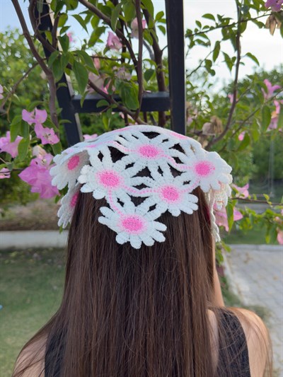 Pembe Çiçekli  Üçgen İpli Bandana