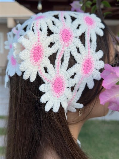 Pembe Çiçekli  Üçgen İpli Bandana