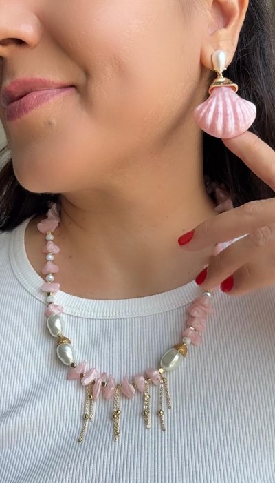Pembe İncili Boncuk Kolye ve  Küpe Kombini