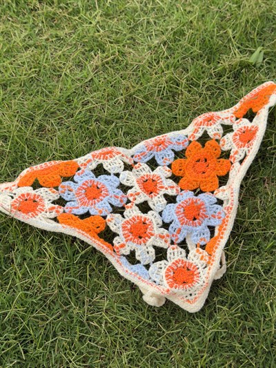 Sarı Lila Çiçekli Üçgen İpli Bandana