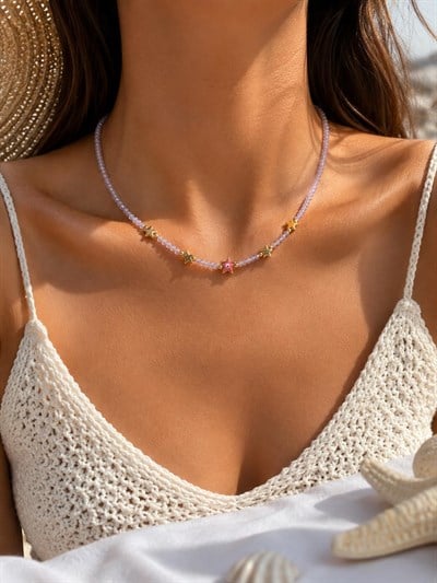 Soft Pembe Kristal Boncuklu Yıldız Figürlü Kolye