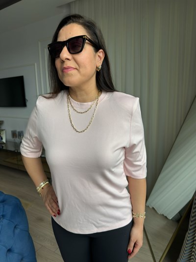 Vatkalı Basıc T-shirt Pudra