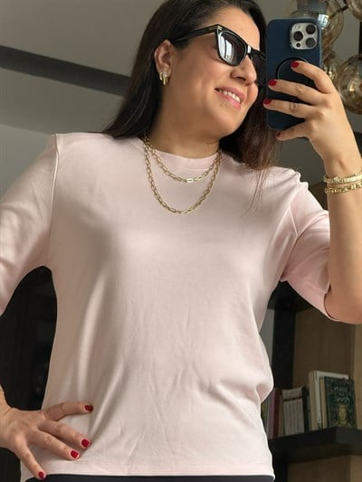 Vatkalı Basıc T-shirt Pudra