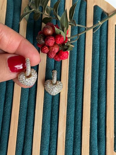 Vip 14k Gold Zirkon Taşlı Bombeli Kalp Küpe