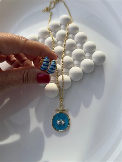 Vip 14k Mavi Gözlü Madolyon Kolye Küpe Kombini