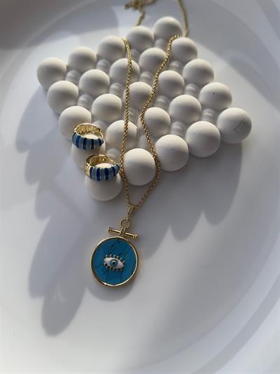 Vip 14k Mavi Gözlü Madolyon Kolye Küpe Kombini