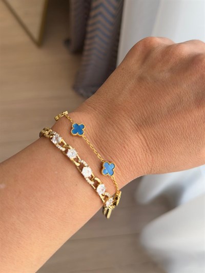 Vip 14k Mavi Yonca Bileklik Kombini