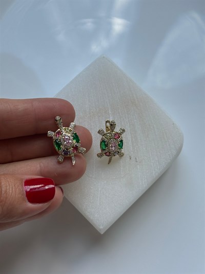 Vip 14k Renkli Taşlı Kaplumbağa Küpe