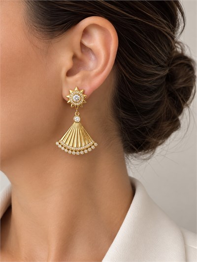 Vip 14k Sallantılı Taşlı Yelpaze Küpe 