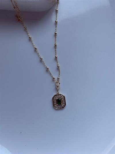 Vip 14k Topçuk Zincirli Yeşil Taşlı Kolye- 60cm