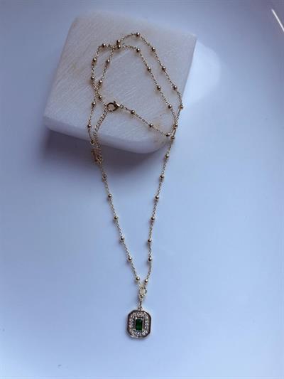Vip 14k Topçuk Zincirli Yeşil Taşlı Kolye- 60cm