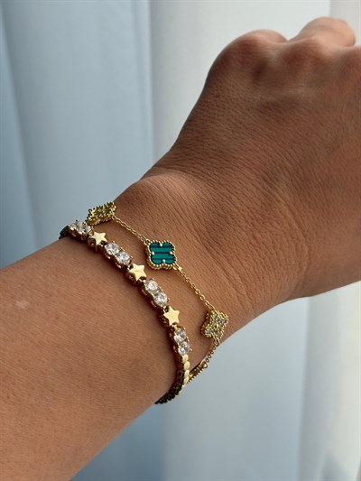 Vip 14k Yeşil Siyah Çizgili Yonca Bileklik Kombini