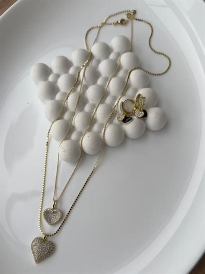 Vip 14k Zirkon Taşlı Kalpli Kolye Kombini