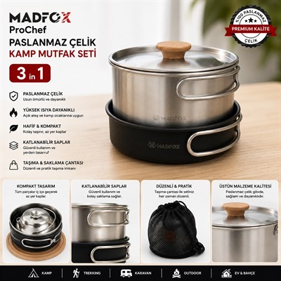 Madfox ProChef 3IN1 Paslanmaz Çelik Kamp Mutfak Seti