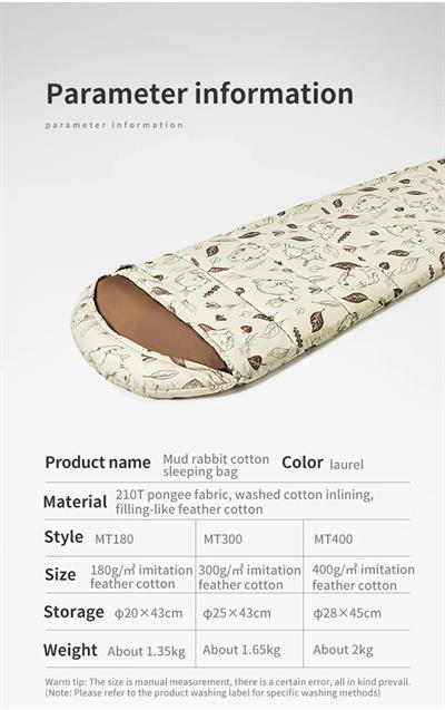 Naturehike Cute Mud Rabbit MT400 Zarf Trazı Pamuklu Uyku Tulumu -18°C