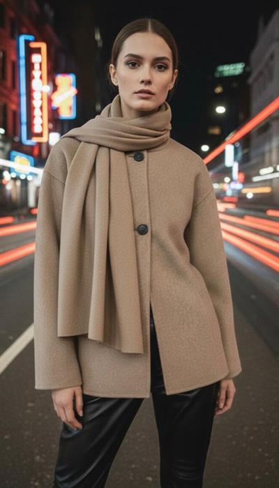 Atkı Detaylı Kaşe Kaban Bej