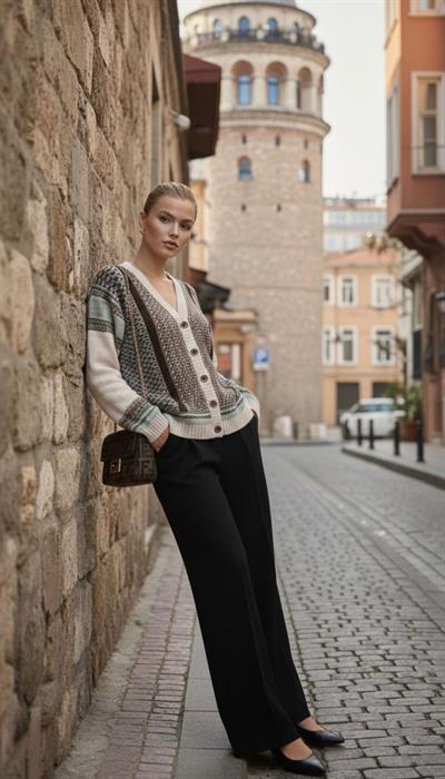 Etnik Desenli V Yaka Düğmeli Bohem Triko Hırka