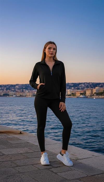 Fermuar Detaylı Likralı Tayt Takım - Siyah