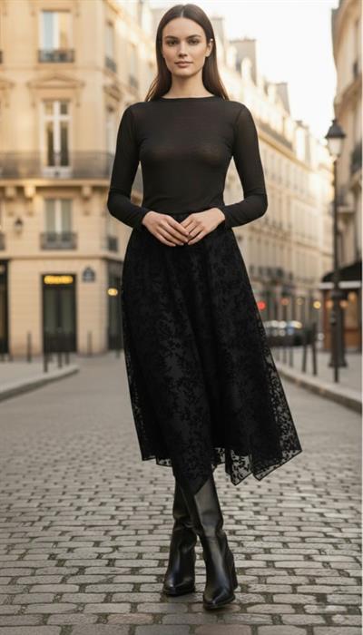 Kadın Kadife Desenli Astarlı Asimetrik Kesim Beli Lastikli Midi Etek