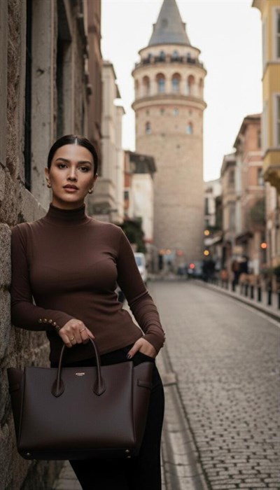 Manset Detaylı Balıkçı Yaka Bluz Kahverengi 