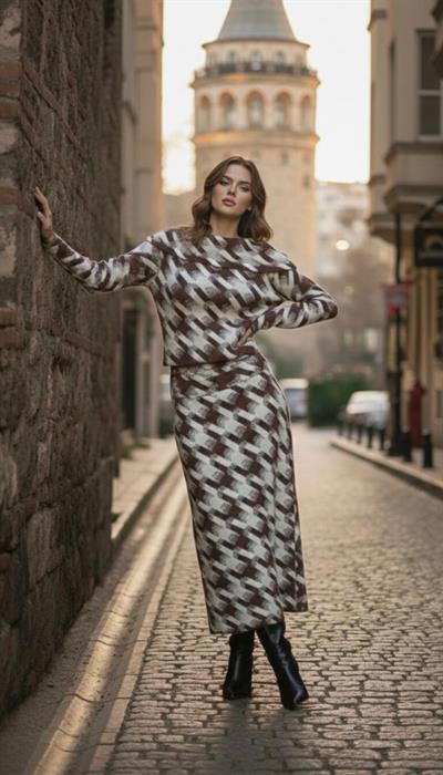 SİBELİZE İllüzyon Desenli Kayık Yaka Örme Takım