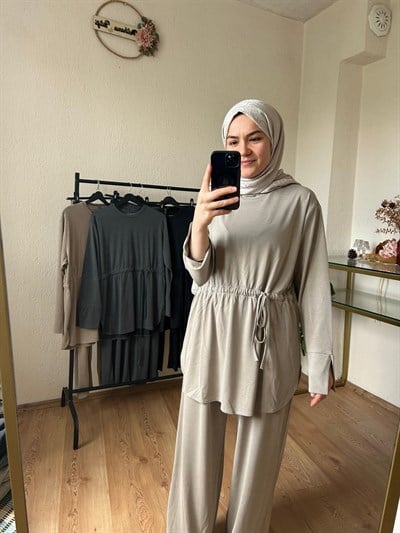 Oysho Kumaş Büzgülü Takım BEJ
