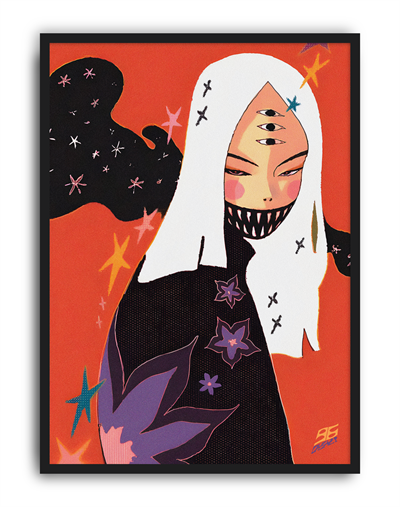 Starlit Oni Modern Duvar Tablosu – Turuncu Japon Figüratif Poster
