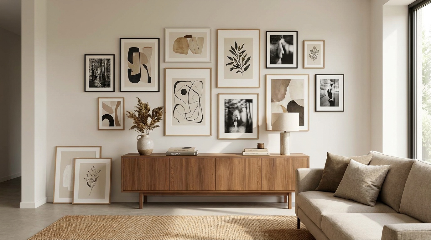 Modern salonda çağdaş poster ve tablolarla salon duvar dekorasyonu
