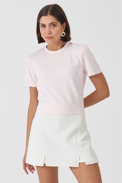 Bisiklet Yaka Toz Pembe Crop Tişört