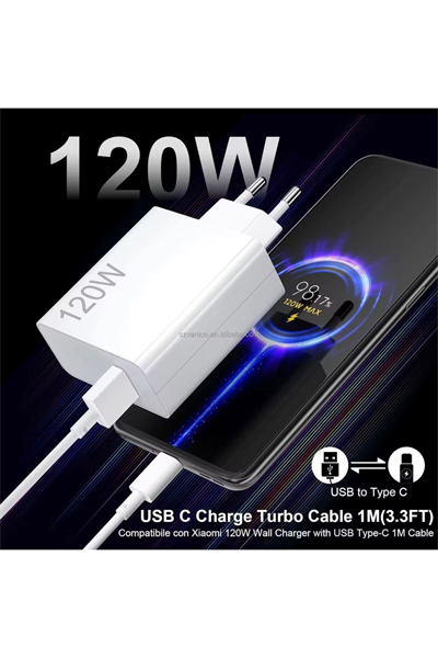 ⚡ 120W Hızlı Şarj Adaptörü + Type-C Kablosu | Süper Hızlı Şarj Cihazı 1 metre
