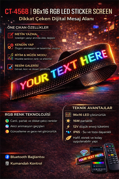 1 Adet CATA CT 4568 Esnek Yapışkanl Matrix Led Panel 60X12 RGB