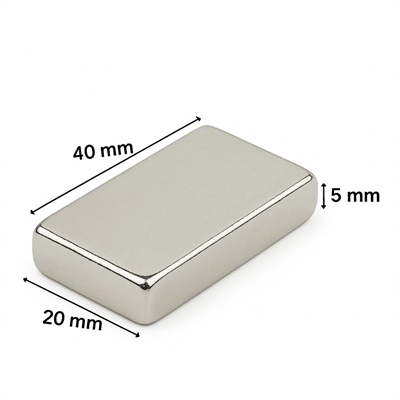 1 adet 40x20x5mm Neodyum Magnet Güçlü N35 Mıknatıs Köşeli Nikel Kaplama